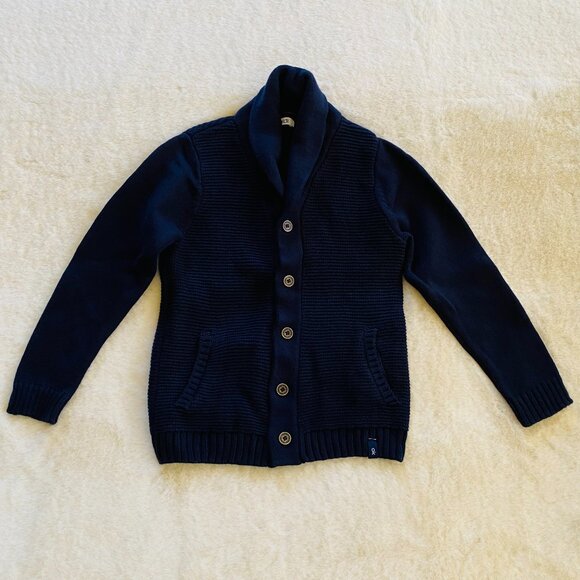 Okaidi Navy Cardigan Sweater Boy's Size 6 Thick Ribbed Pockets Shawl Collar - Picture 1 of 9